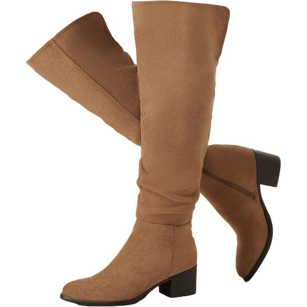 Women's Brown Suede Over The Knee Thigh High Chunky Block Heel Pointed Toe Boots